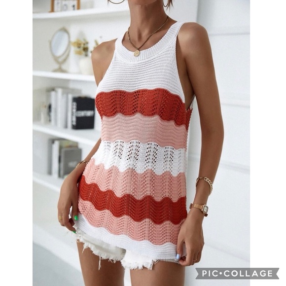 Boho Color Block Open Knit Pointelle Tank Top Size Medium - Picture 3 of 5